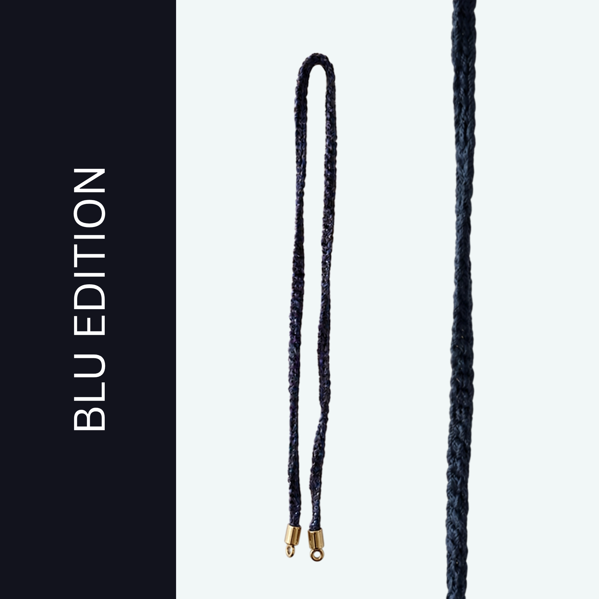 Solo Cordino Occhiali È NA ROBA Blu Edition, intrecciato a mano in filo blu navy con terminali dorati